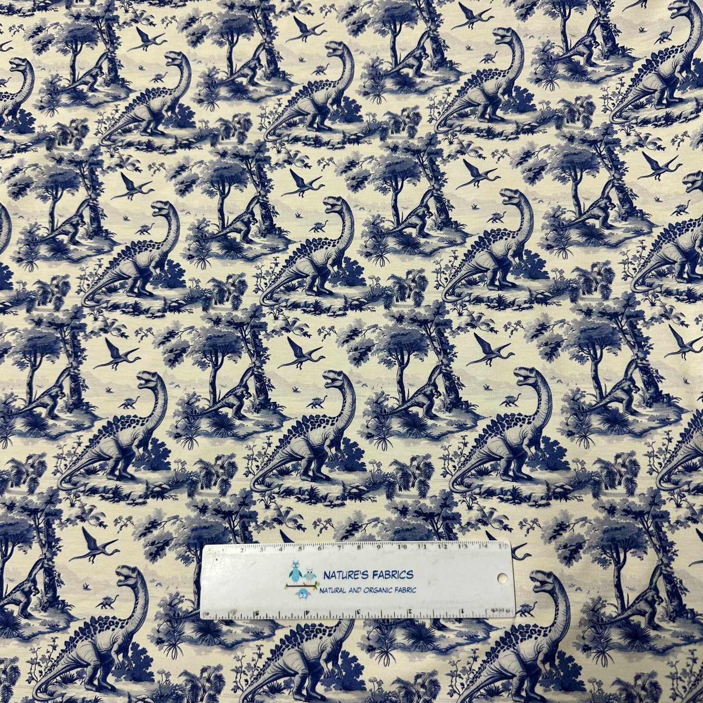 Blue Dino Toile on Bamboo/Spandex Jersey Fabric - Nature's Fabrics