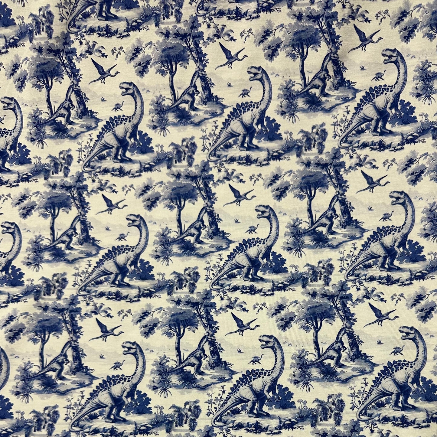 Blue Dino Toile on Bamboo/Spandex Jersey Fabric - Nature's Fabrics