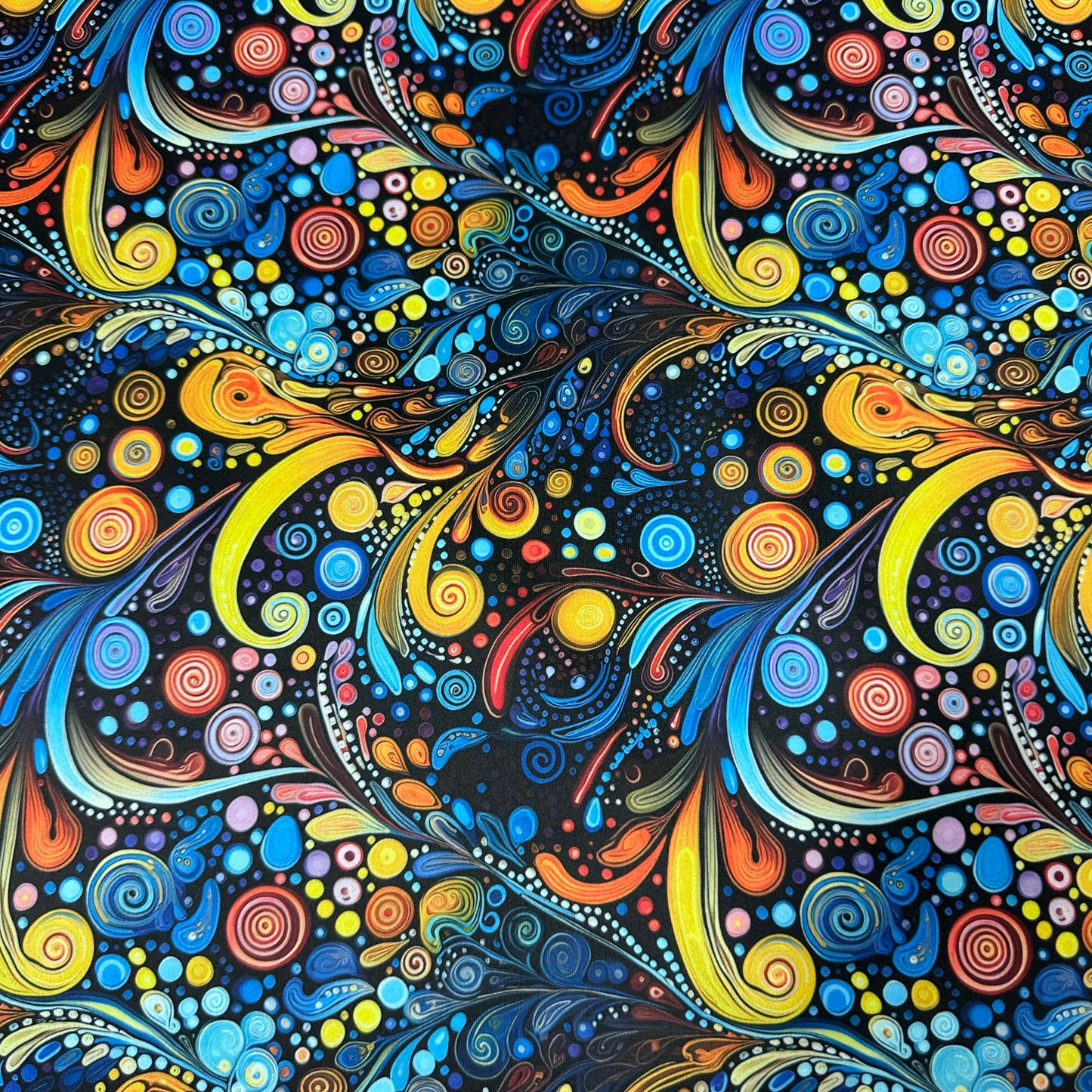 Blue, Orange and Yellow Swirls 1 mil PUL Fabric - Made in the USA - Nature's Fabrics