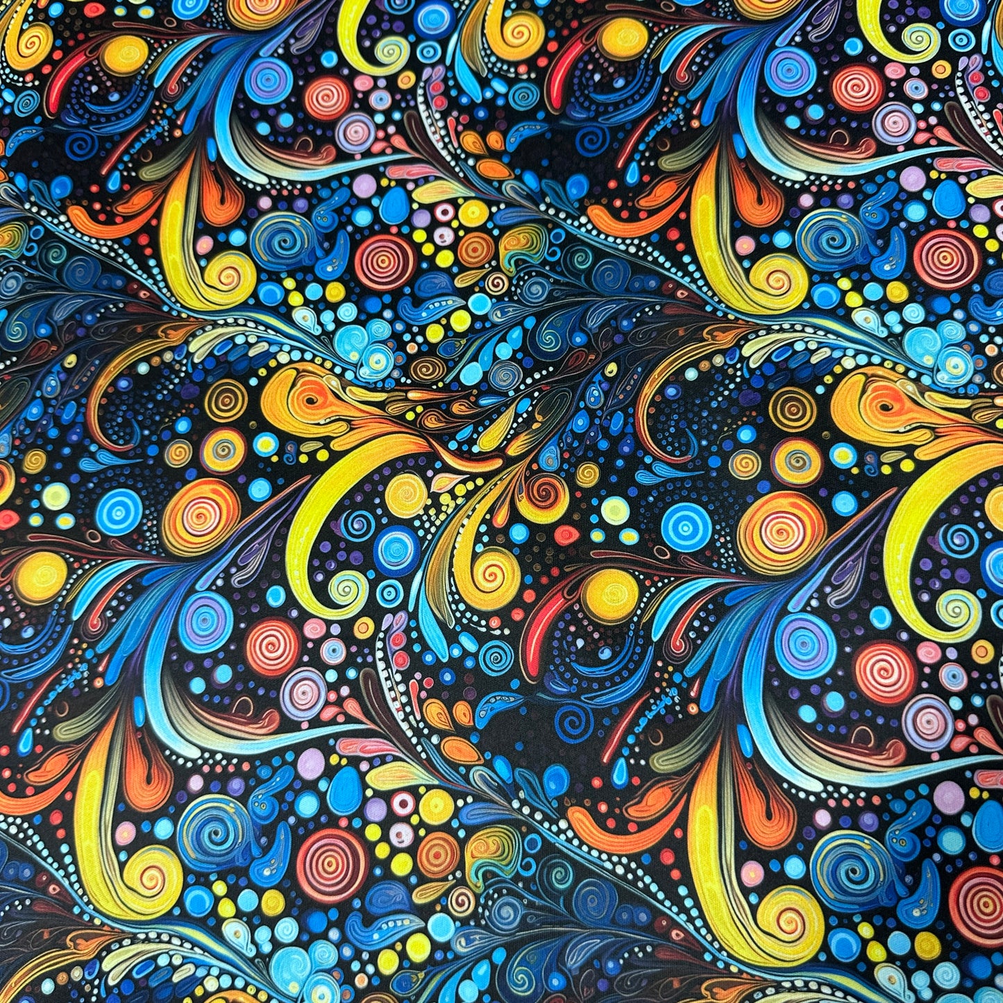 Blue, Orange and Yellow Swirls 1 mil PUL Fabric - Made in the USA - Nature's Fabrics
