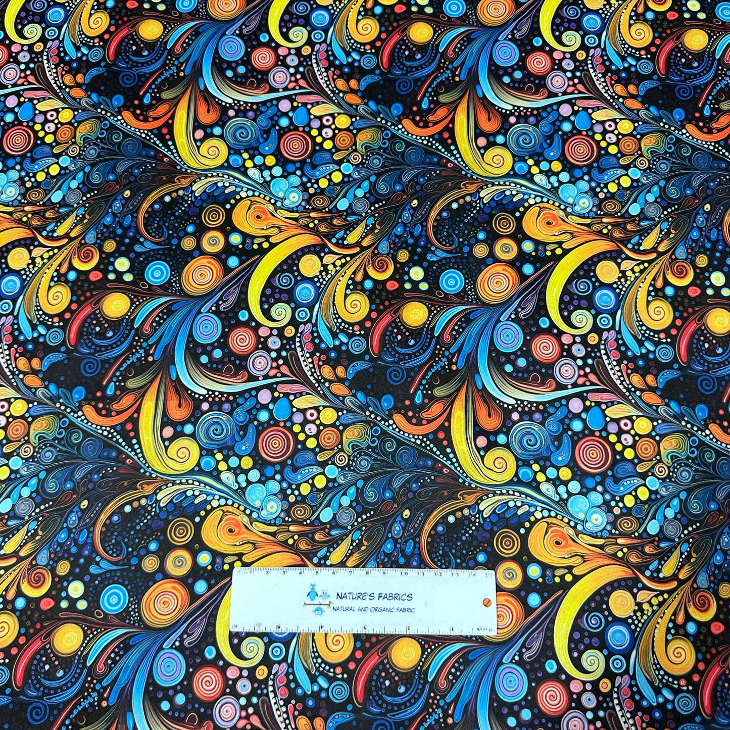 Blue, Orange and Yellow Swirls 1 mil PUL Fabric - Made in the USA - Nature's Fabrics