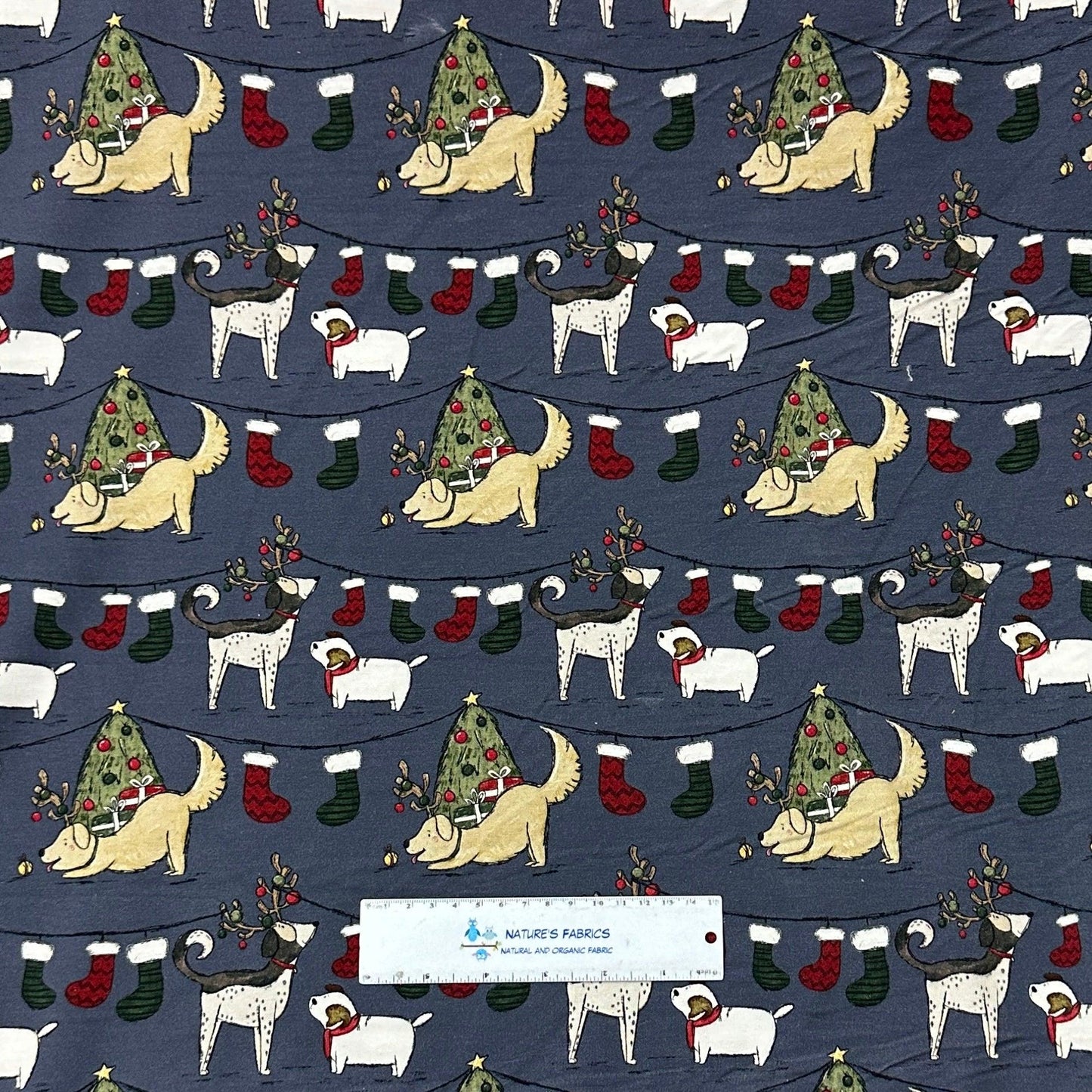 Canine Christmas on Blue Bamboo/Spandex Jersey Fabric - Nature's Fabrics