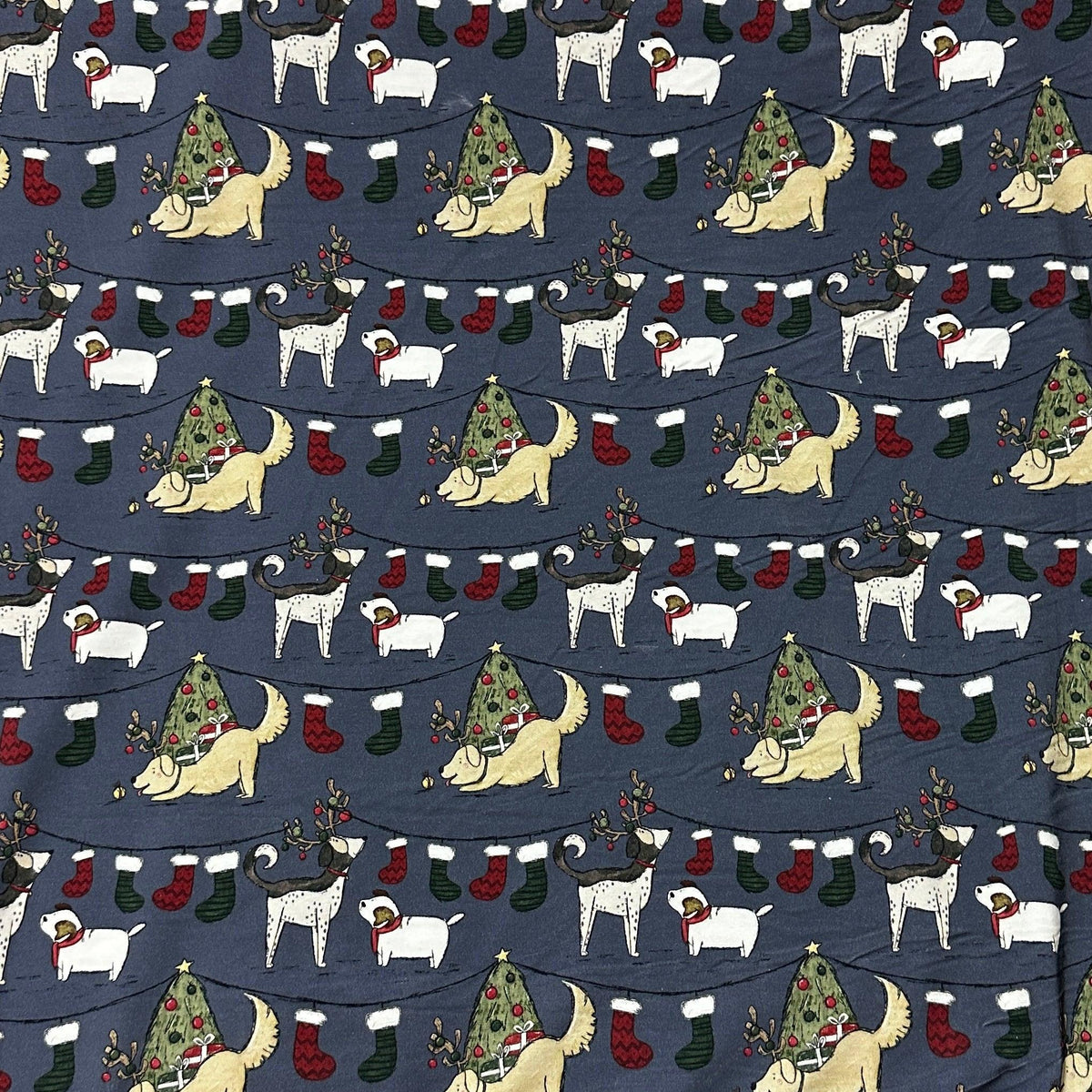 Canine Christmas on Blue Bamboo/Spandex Jersey Fabric - Nature's Fabrics