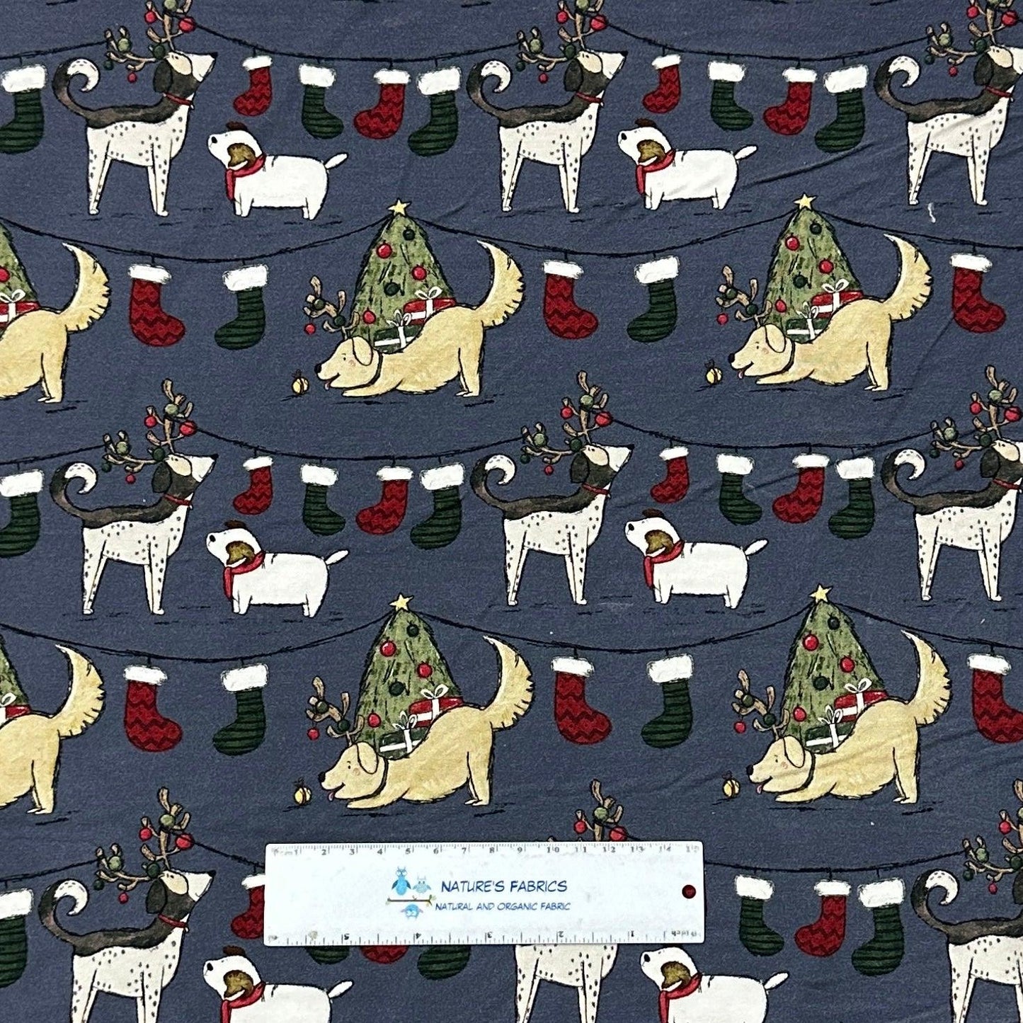 Canine Christmas on Blue Bamboo/Spandex Jersey Fabric - Nature's Fabrics