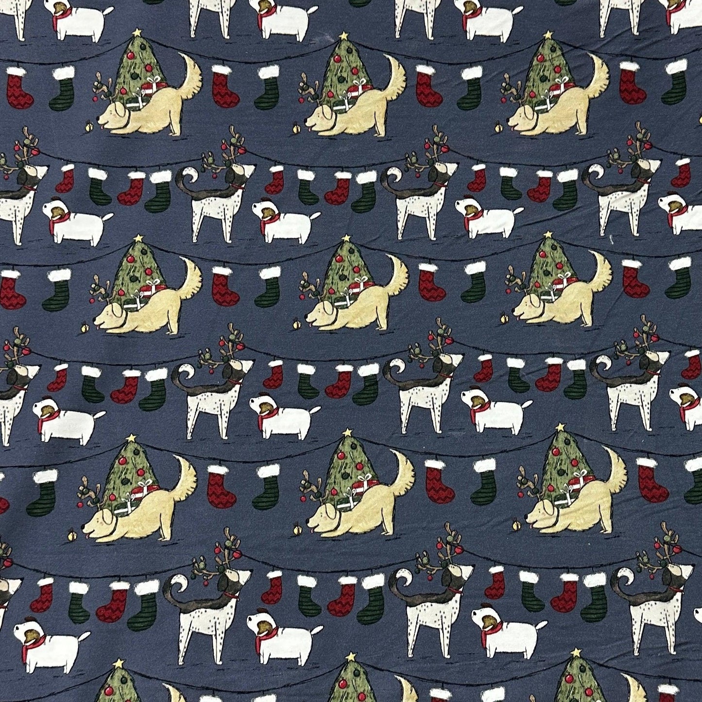 Canine Christmas on Blue Bamboo/Spandex Jersey Fabric - Nature's Fabrics