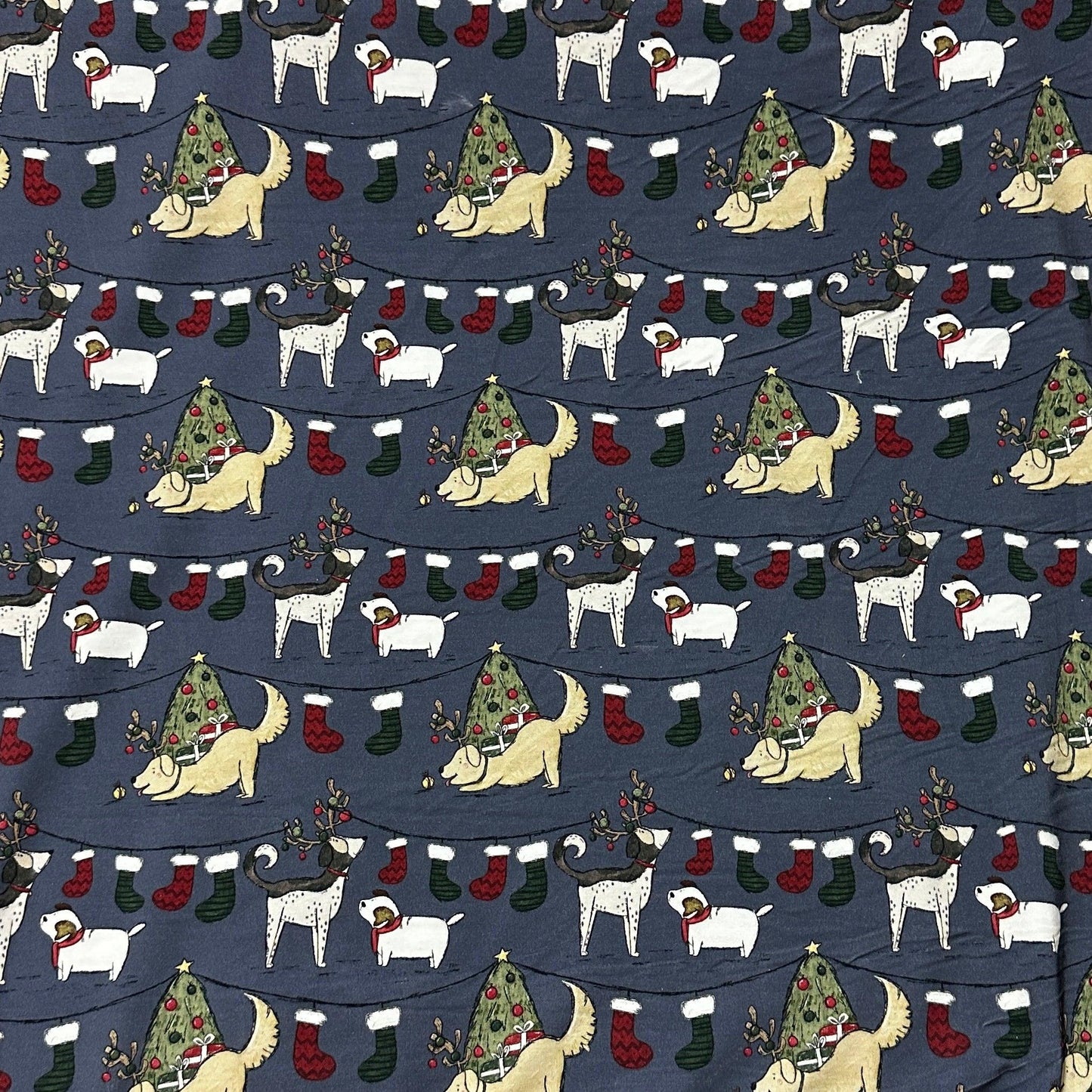 Canine Christmas on Blue Bamboo/Spandex Jersey Fabric - Nature's Fabrics