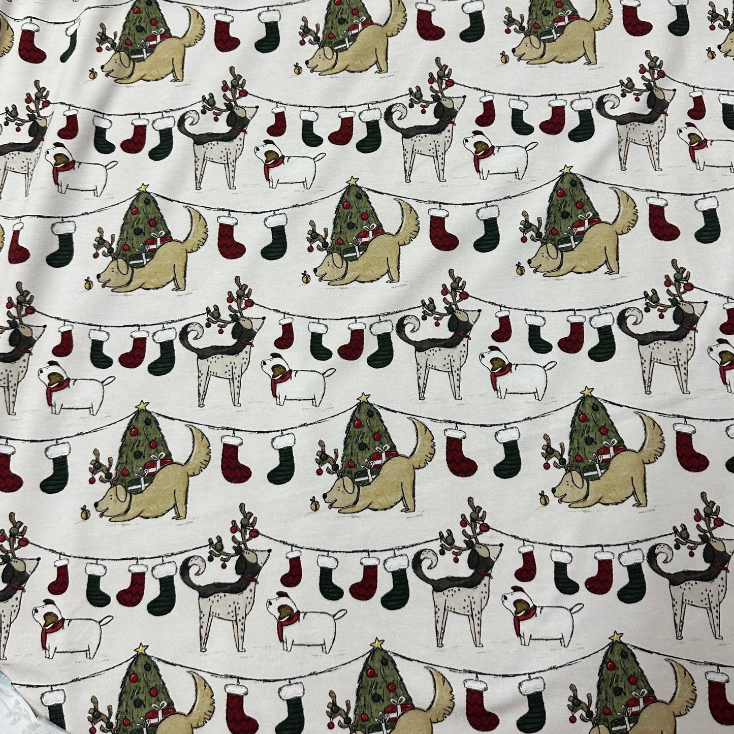 Canine Christmas on Cream Bamboo/Spandex Jersey Fabric - Nature's Fabrics