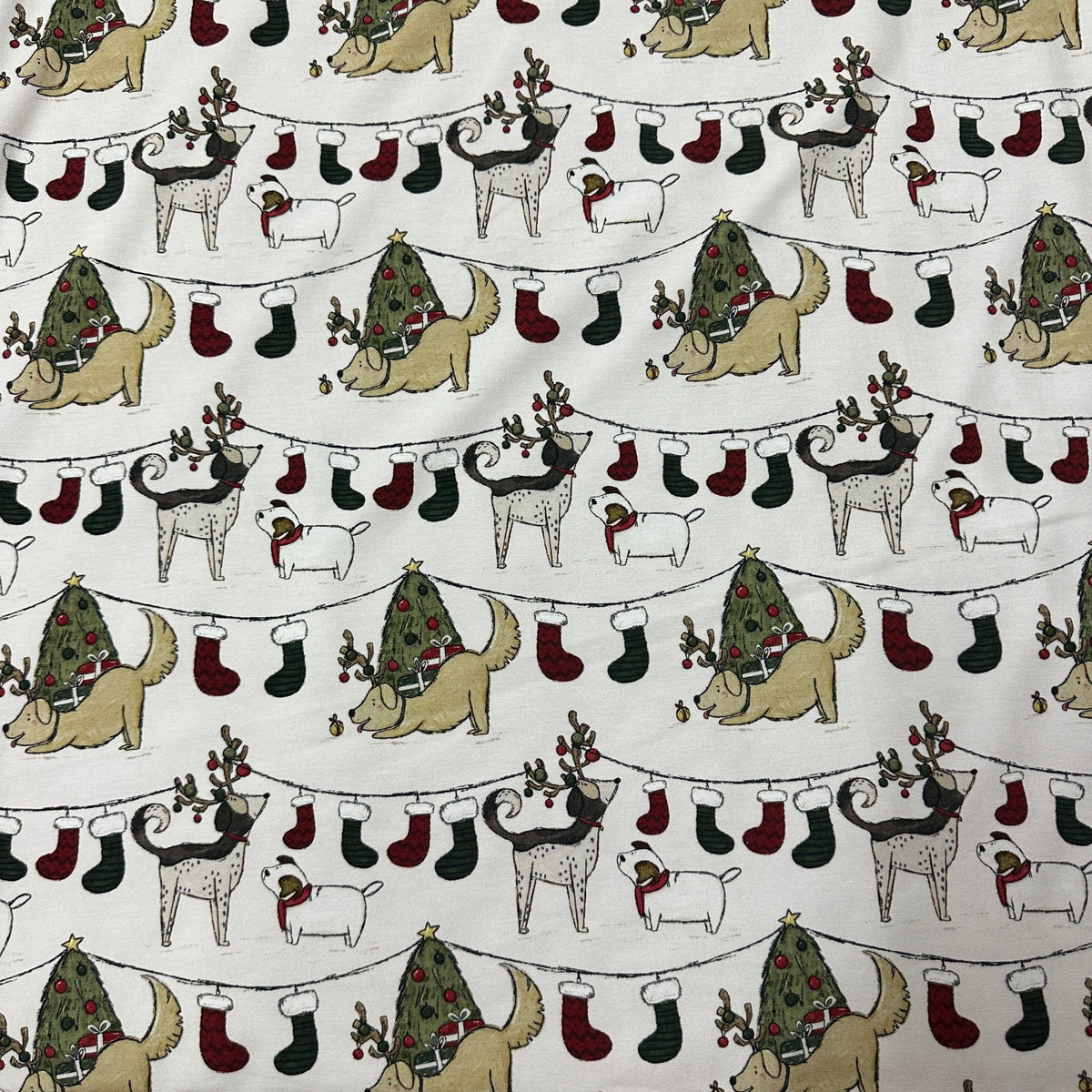 Canine Christmas on Cream Bamboo/Spandex Jersey Fabric - Nature's Fabrics