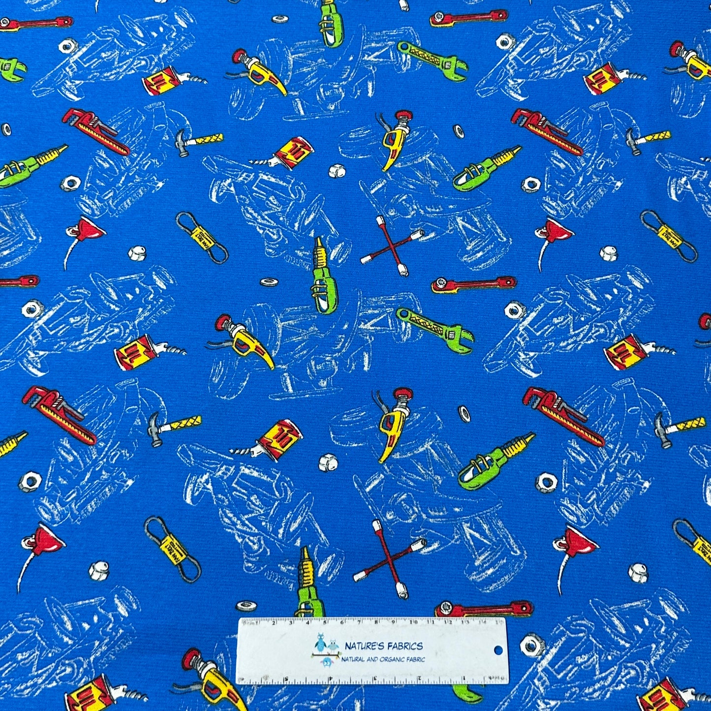 Car Garage on Blue Cotton Interlock Fabric - Nature's Fabrics
