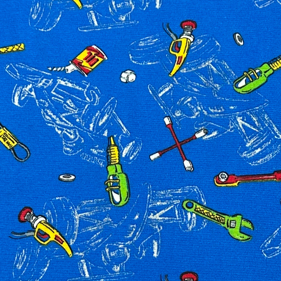 Car Garage on Blue Cotton Interlock Fabric - Nature's Fabrics