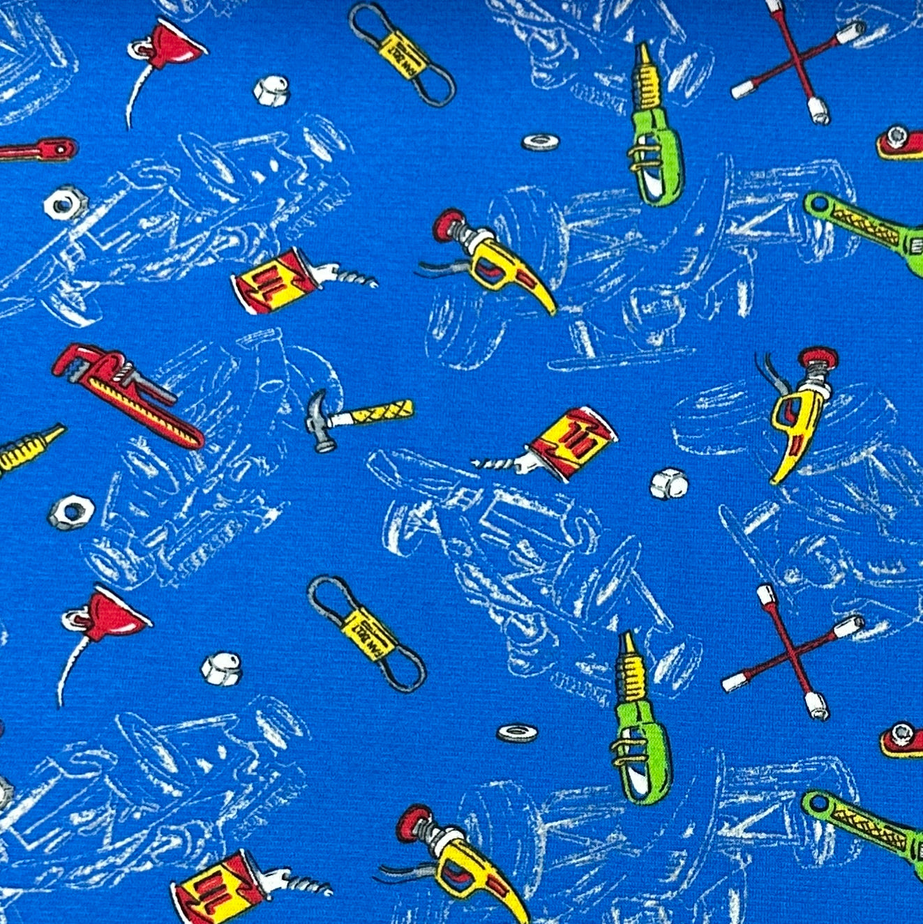 Car Garage on Blue Cotton Interlock Fabric - Nature's Fabrics