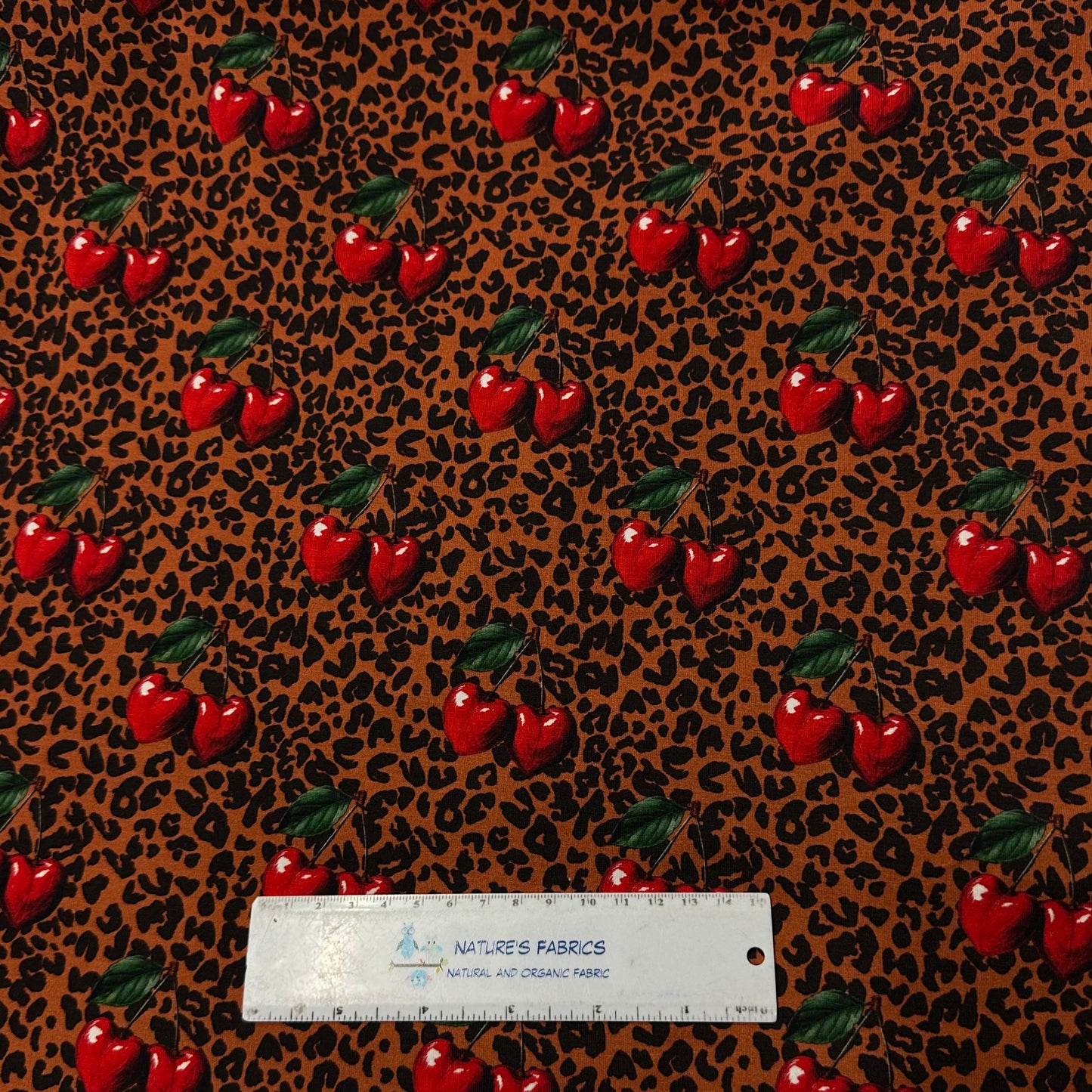 Cherry Leopard on Bamboo/Spandex Jersey Fabric - Nature's Fabrics