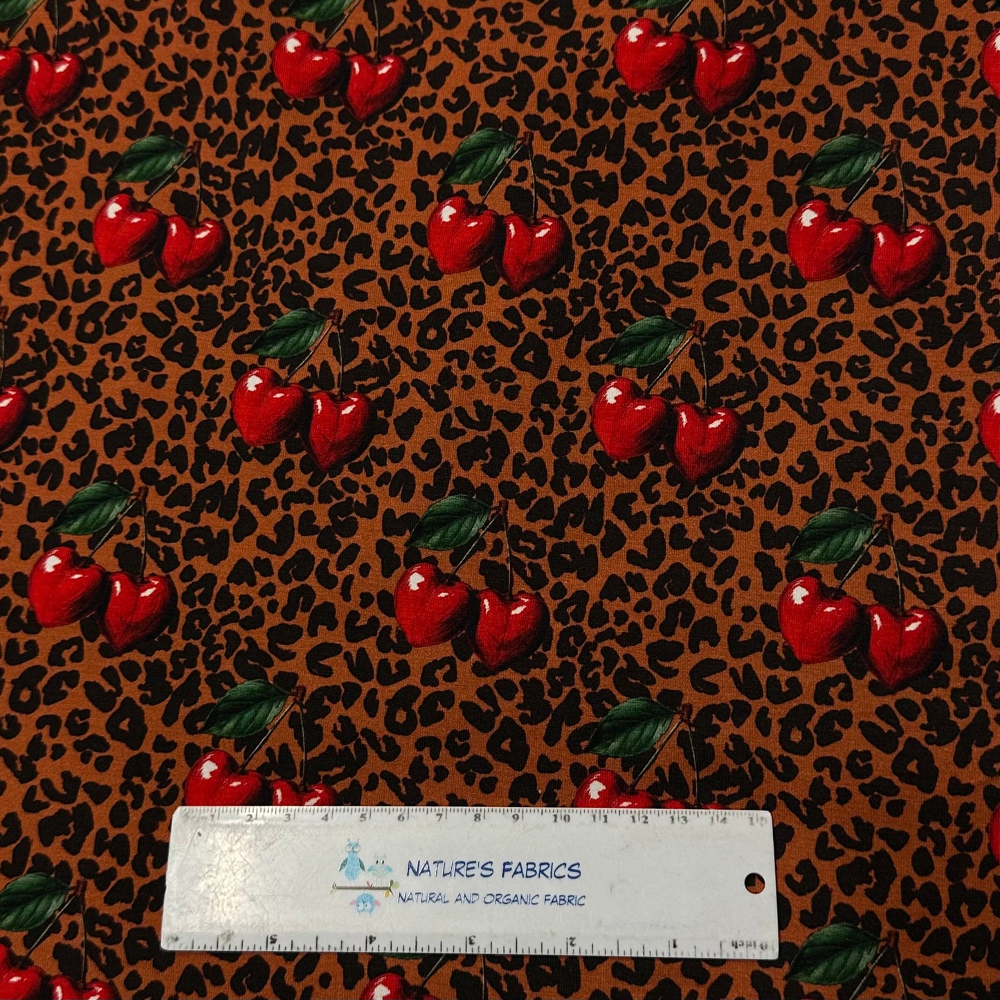 Cherry Leopard on Bamboo/Spandex Jersey Fabric - Nature's Fabrics