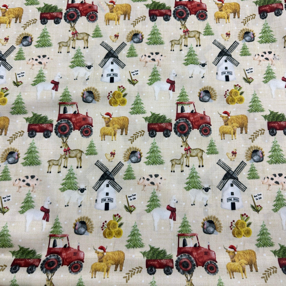 Nature's Fabrics festive farm print with red tractors, cows, and windmills.