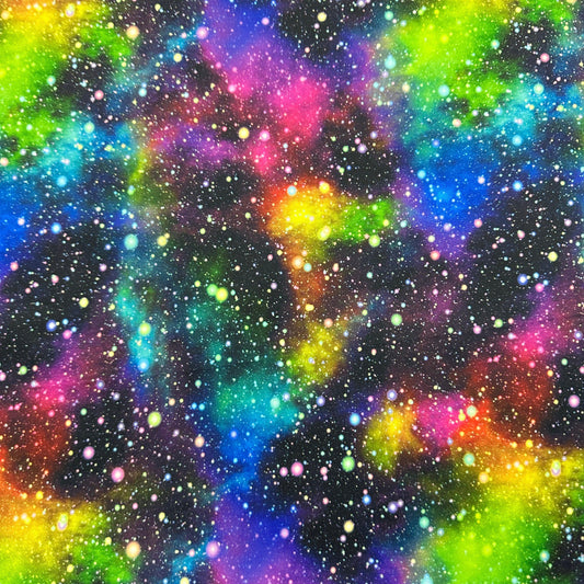 Nature's Fabrics colorful nebula galaxy print fabric with stars and vibrant cosmic colors