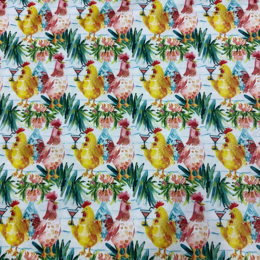 Nature's Fabrics print featuring colorful watercolor chickens with cocktails and tropical plants.