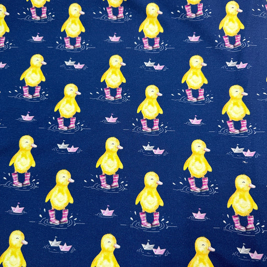 Ducks in Pink Wellies on Organic Cotton/Spandex Jersey Fabric - Nature's Fabrics