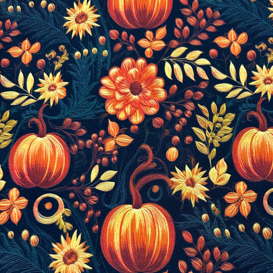 Embroidered Autumn Pumpkin Floral on Organic Cotton/Spandex Jersey Fabric - Nature's Fabrics
