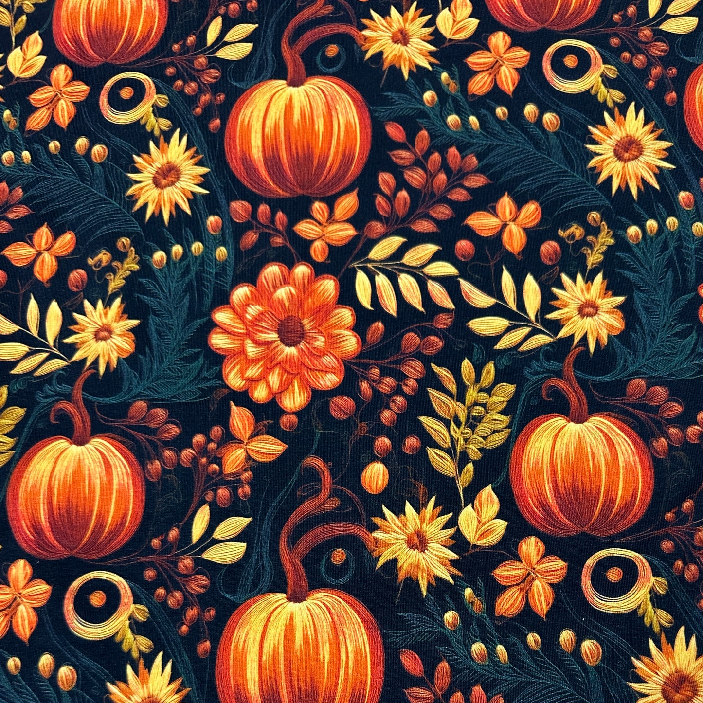 Embroidered Autumn Pumpkin Floral on Organic Cotton/Spandex Jersey Fabric - Nature's Fabrics