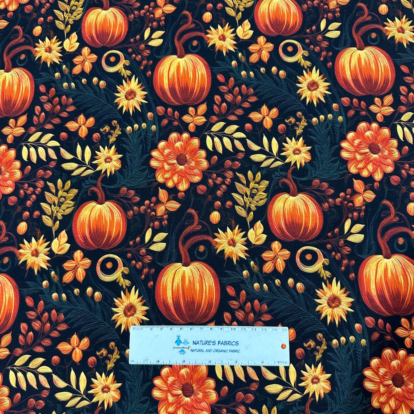Embroidered Autumn Pumpkin Floral on Organic Cotton/Spandex Jersey Fabric - Nature's Fabrics