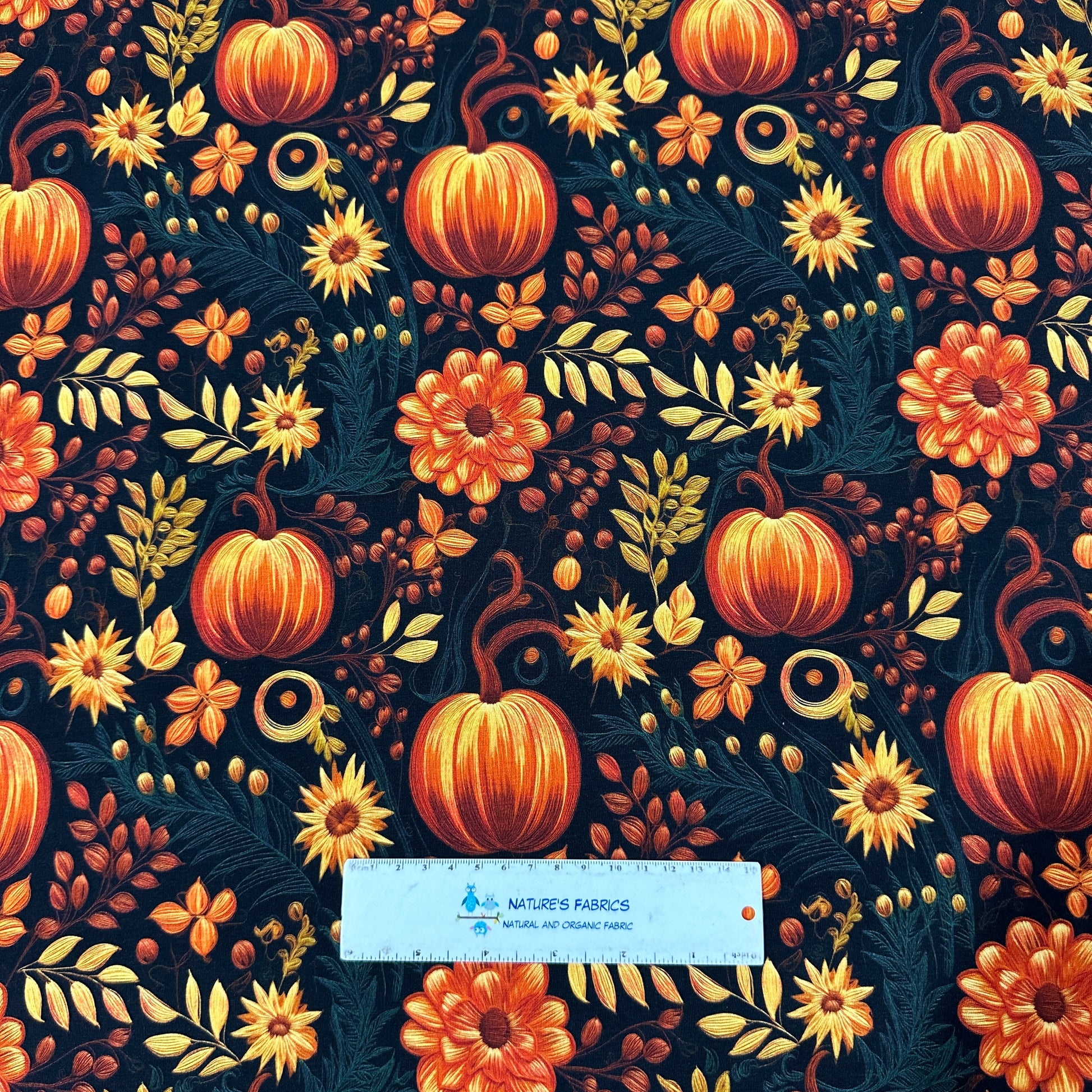Embroidered Autumn Pumpkin Floral on Organic Cotton/Spandex Jersey Fabric - Nature's Fabrics