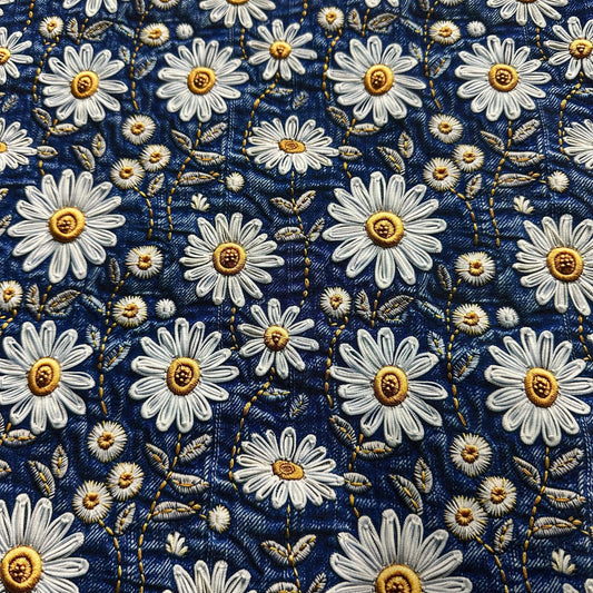 Nature's Fabrics blue denim fabric with embroidered white daisies and gold centers