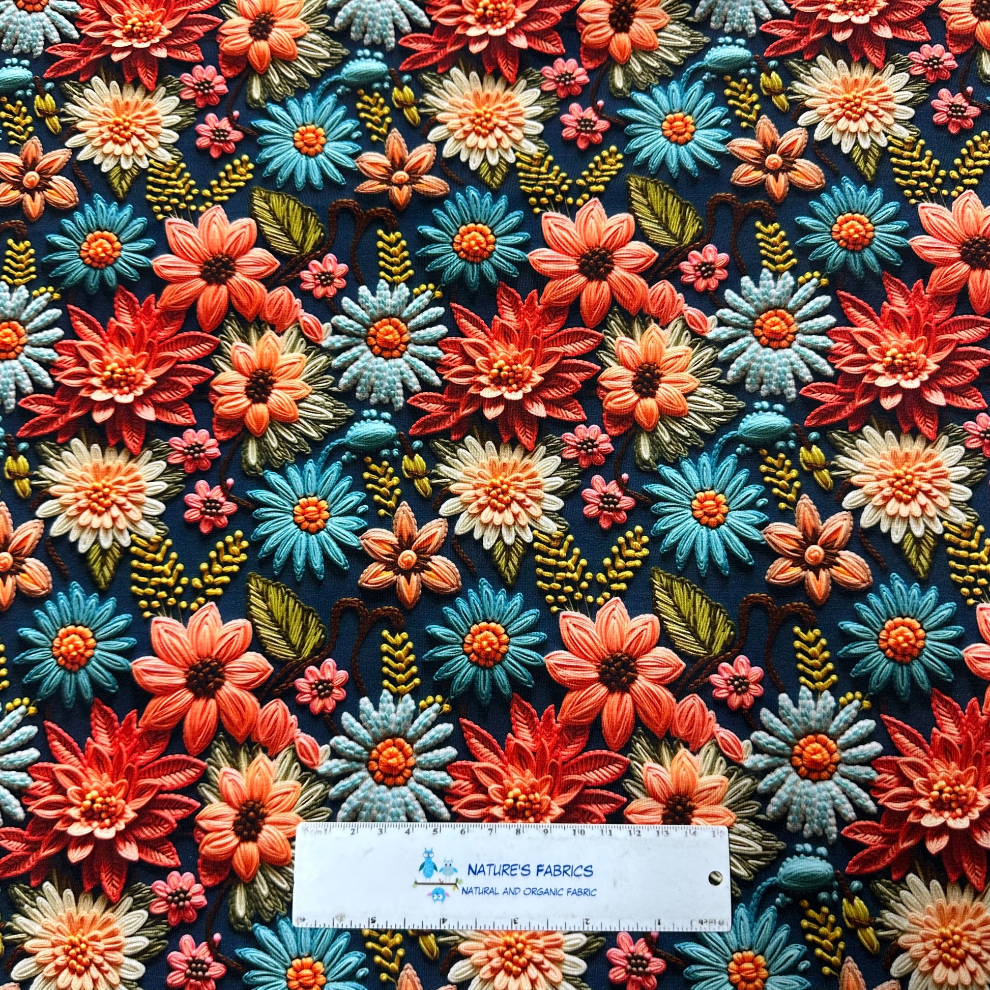 Embroidered Fall Floral on Bamboo/Spandex Jersey Fabric - Nature's Fabrics