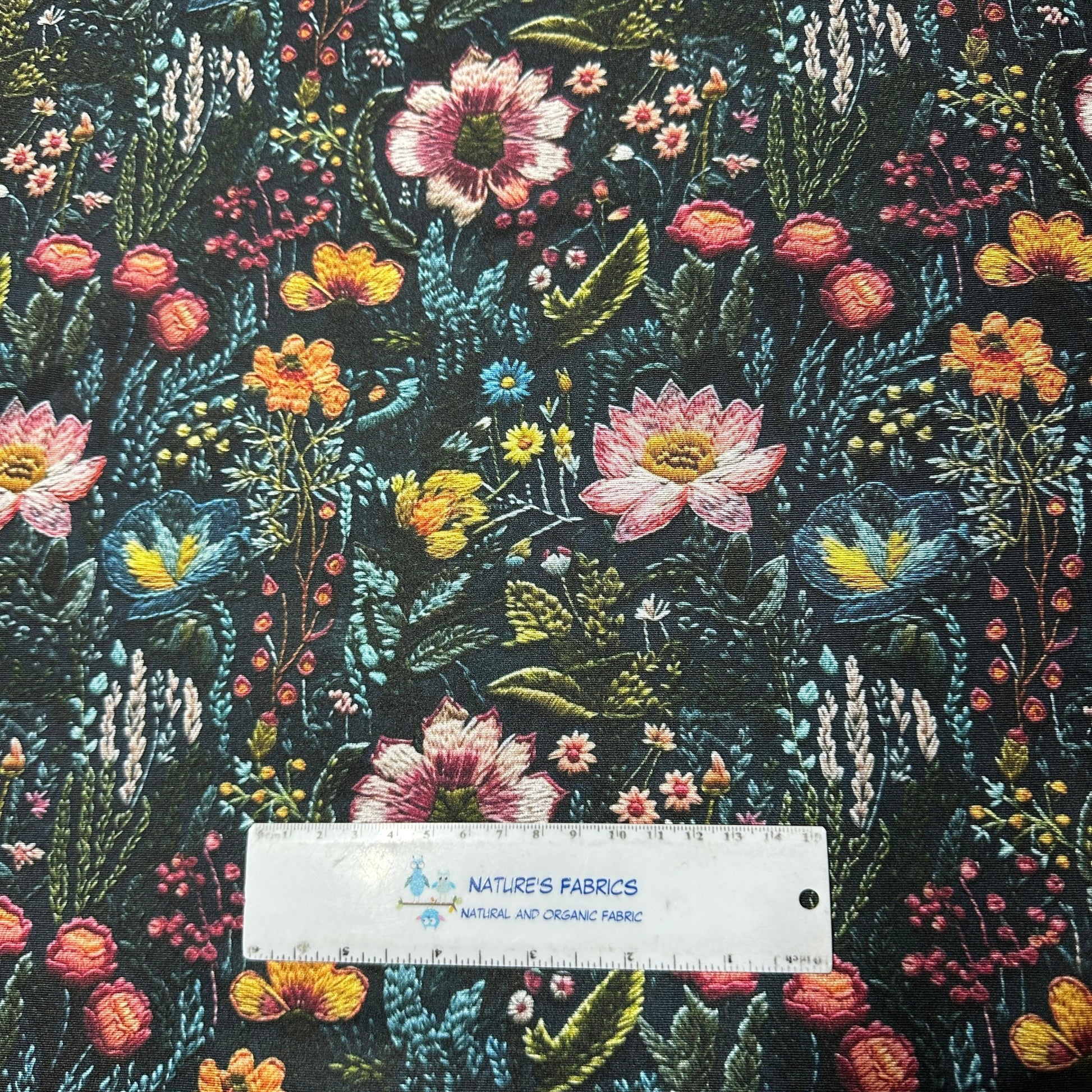 Embroidered Flower Garden on Double Brushed Polyester Jersey Fabric - Nature's Fabrics