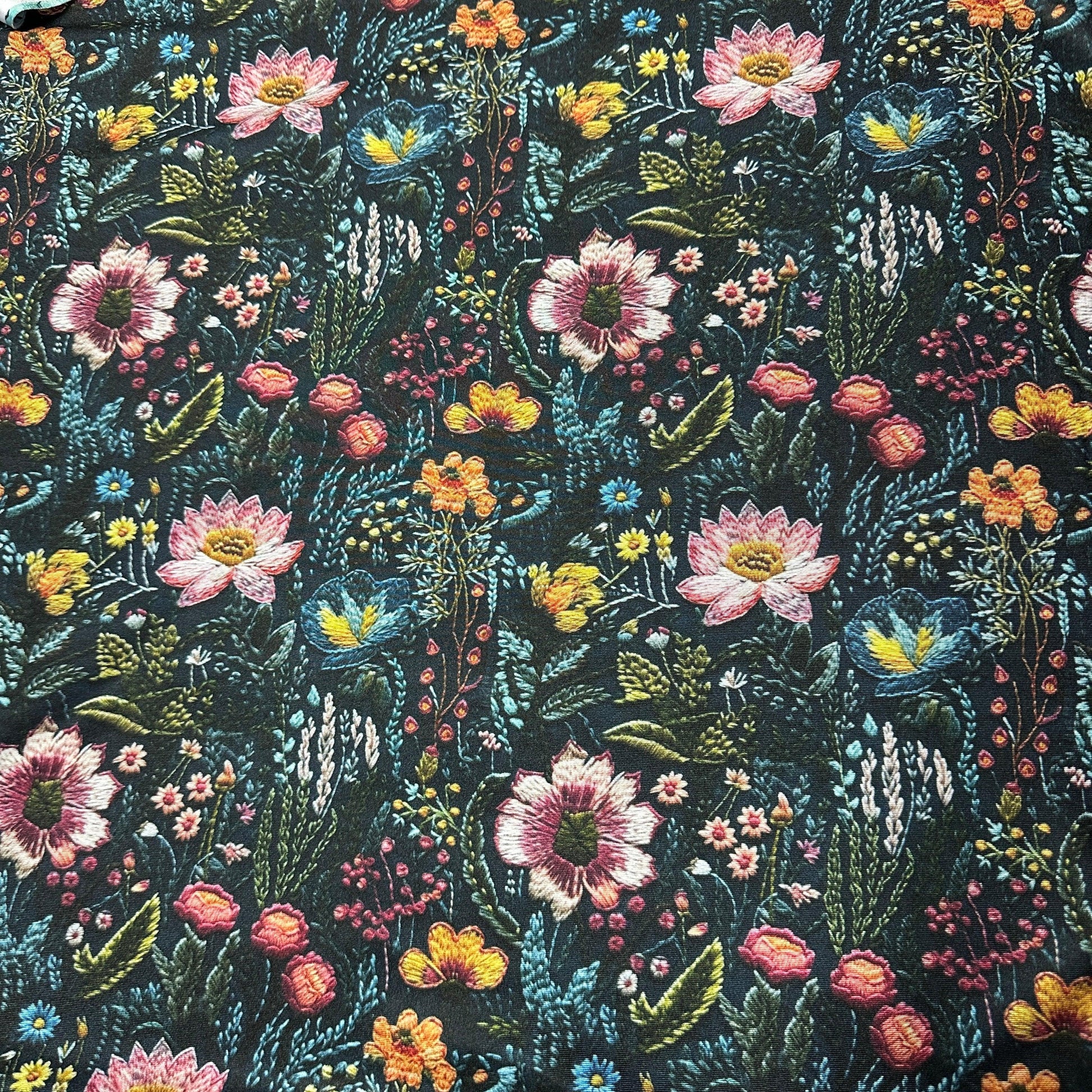 Embroidered Flower Garden on Double Brushed Polyester Jersey Fabric - Nature's Fabrics