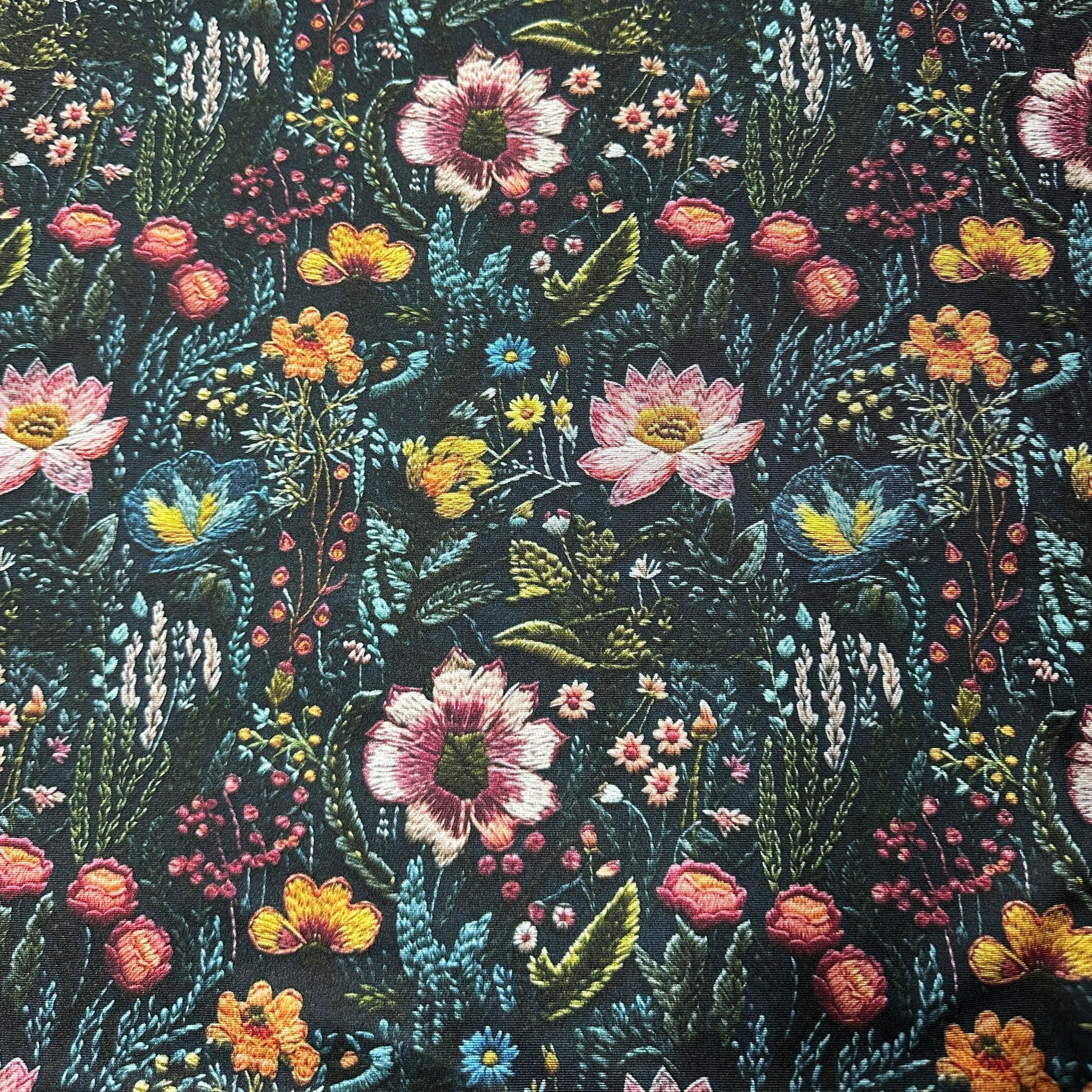 Embroidered Flower Garden on Double Brushed Polyester Jersey Fabric - Nature's Fabrics