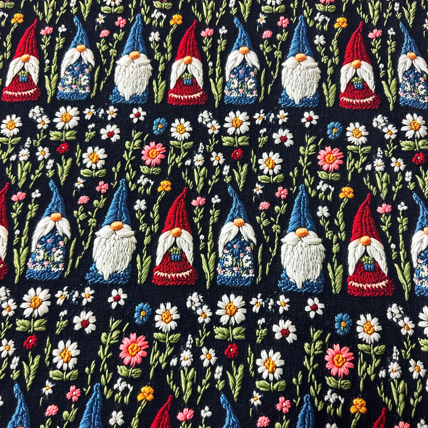 Embroidered Gnomes on Bamboo/Spandex Jersey Fabric - Nature's Fabrics
