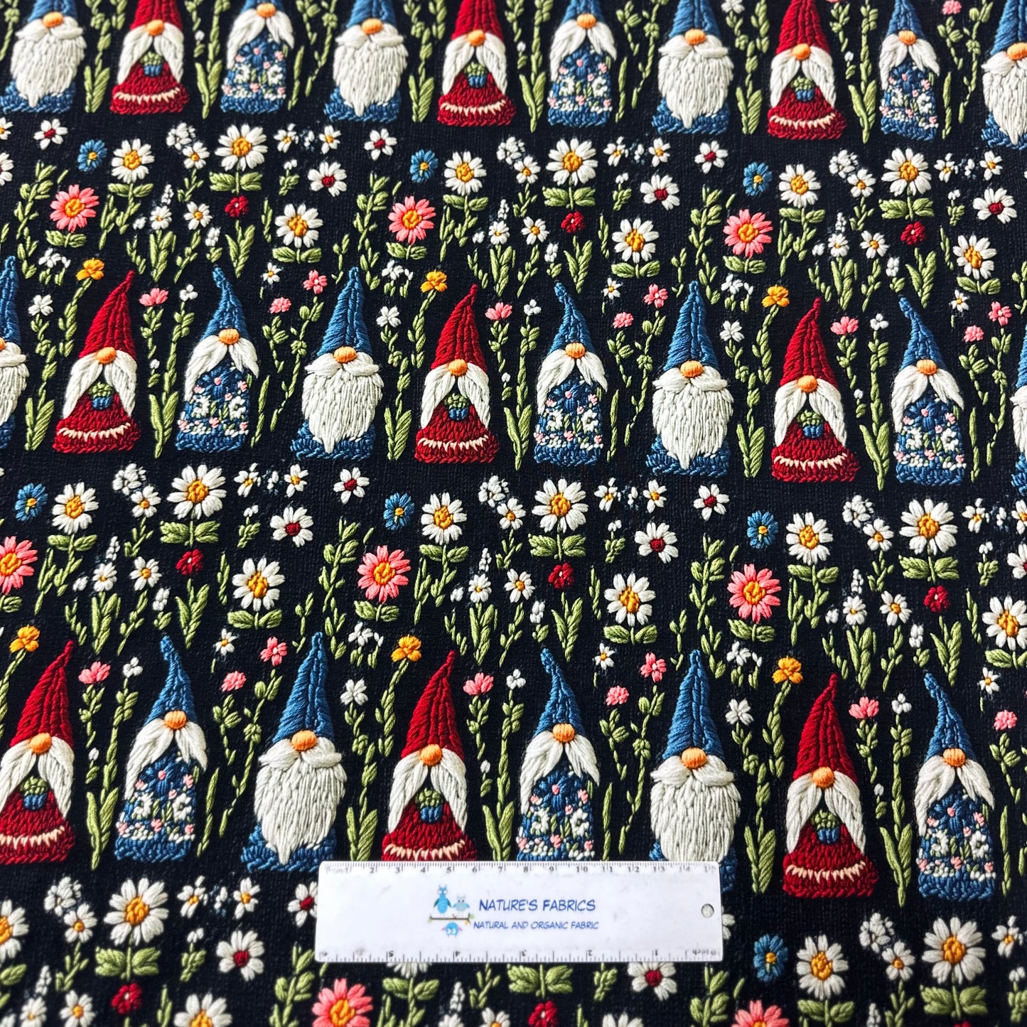 Embroidered Gnomes on Bamboo/Spandex Jersey Fabric - Nature's Fabrics