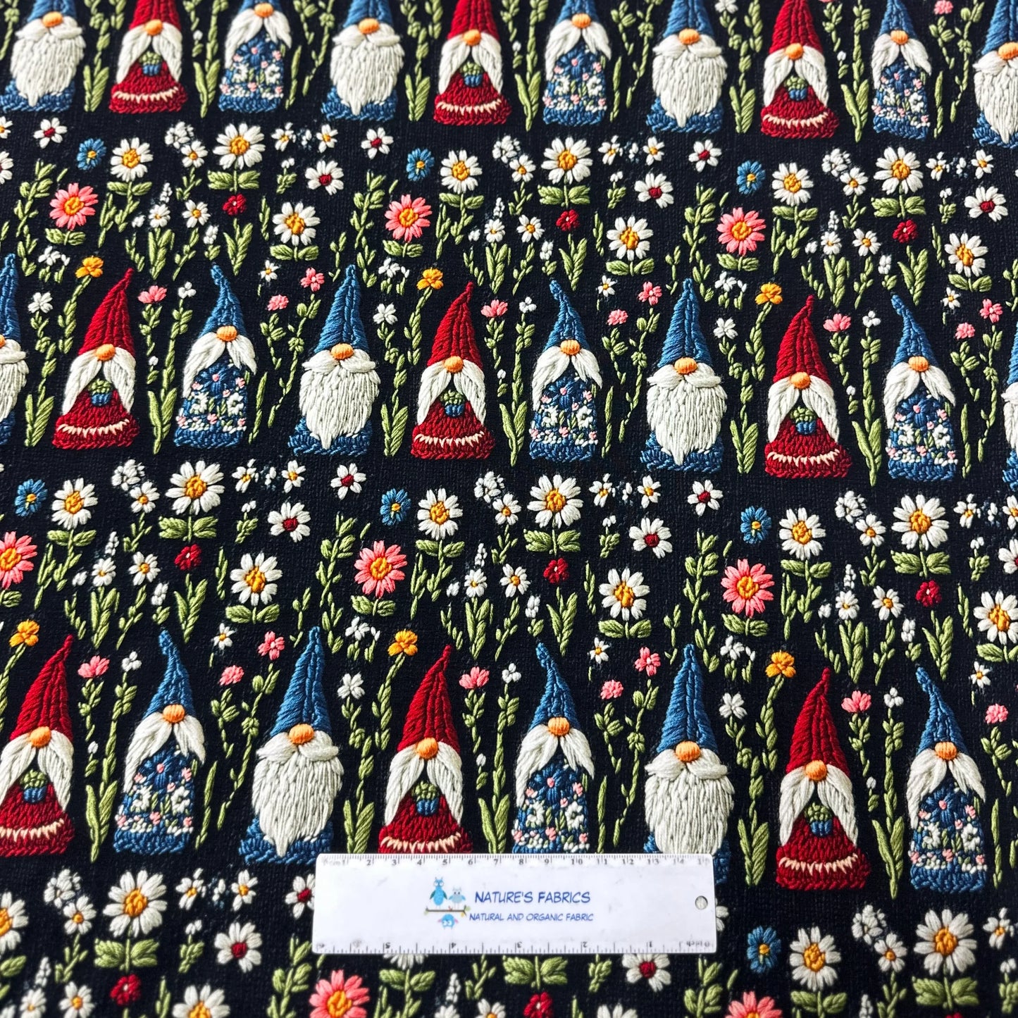 Embroidered Gnomes on Bamboo/Spandex Jersey Fabric - Nature's Fabrics