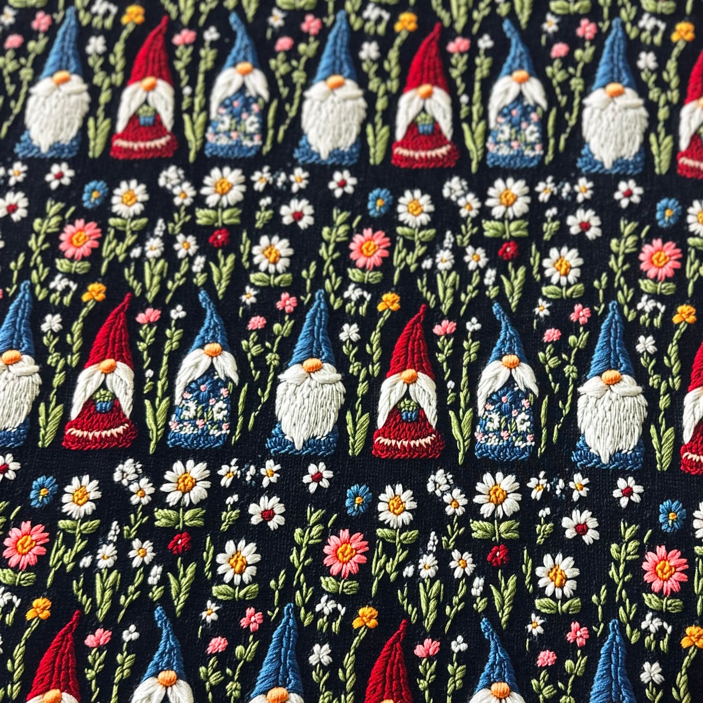 Embroidered Gnomes on Bamboo/Spandex Jersey Fabric - Nature's Fabrics