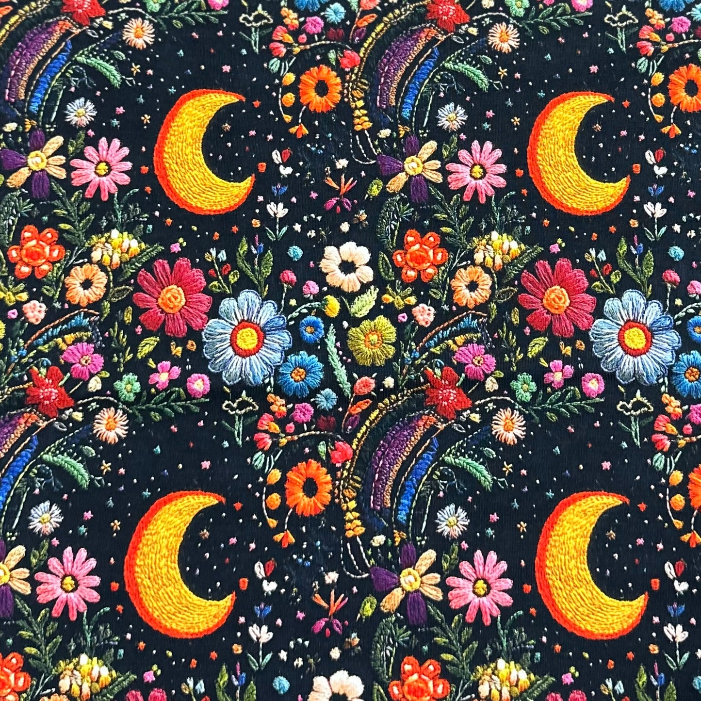Embroidered Moon Floral on Bamboo/Spandex Jersey Fabric - Nature's Fabrics