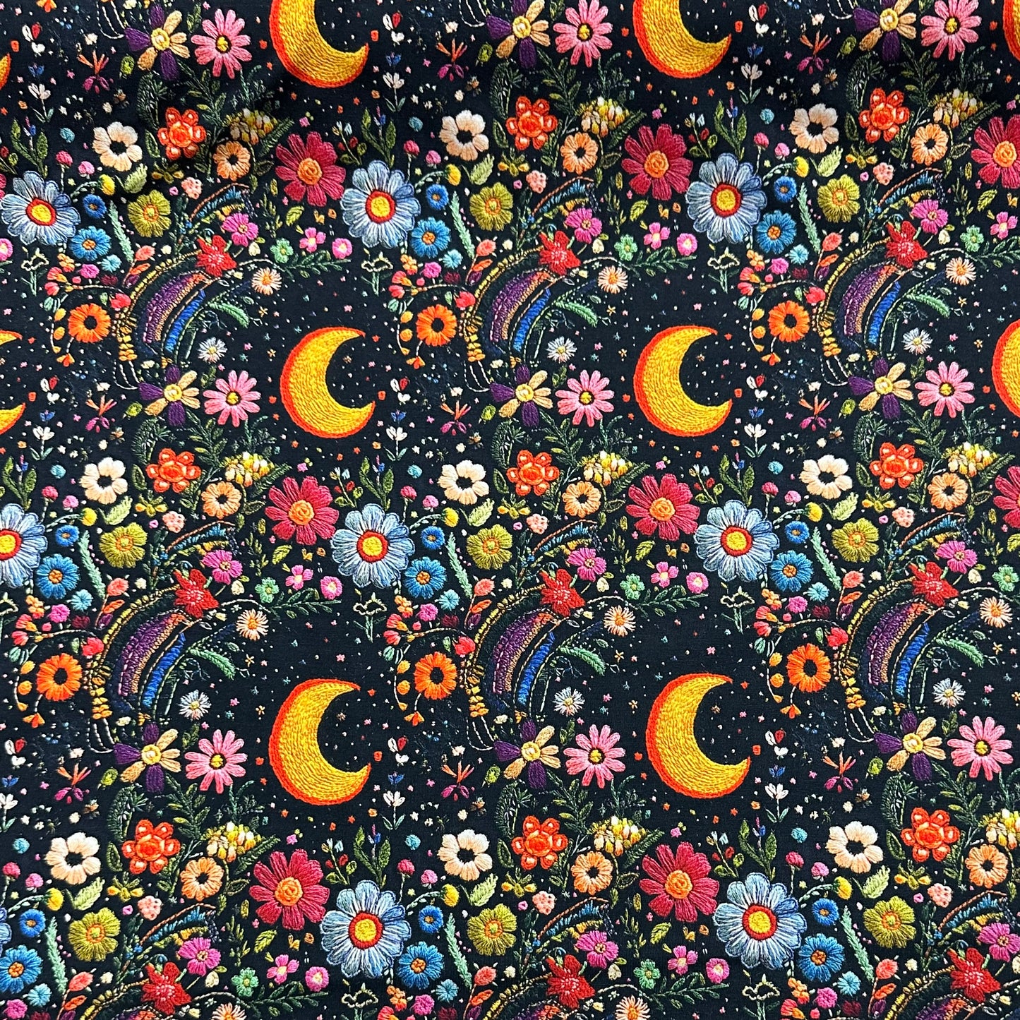 Embroidered Moon Floral on Bamboo/Spandex Jersey Fabric - Nature's Fabrics