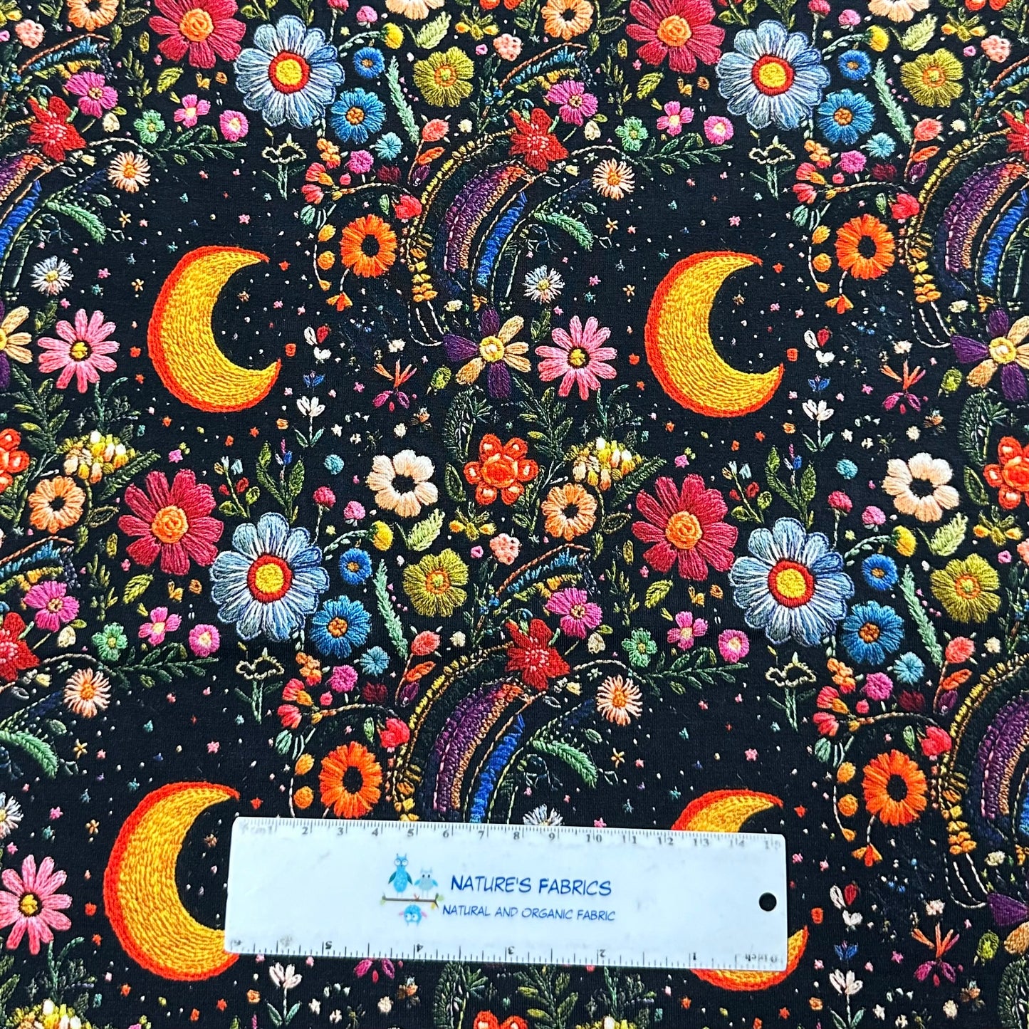 Embroidered Moon Floral on Bamboo/Spandex Jersey Fabric - Nature's Fabrics