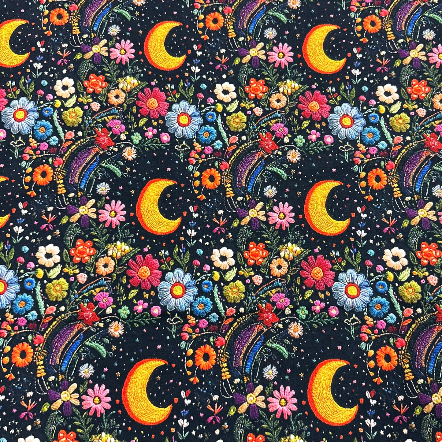 Embroidered Moon Floral on Bamboo/Spandex Jersey Fabric - Nature's Fabrics