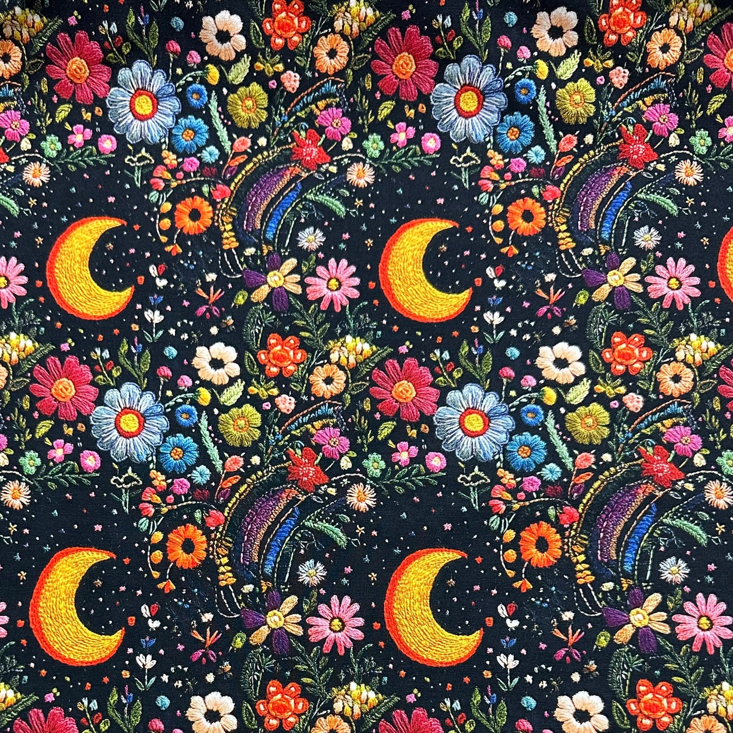 Embroidered Moon Floral on Bamboo/Spandex Jersey Fabric - Nature's Fabrics