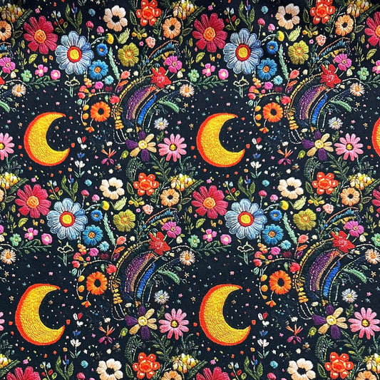 Nature's Fabrics embroidered black cloth with colorful floral patterns and crescent moons.