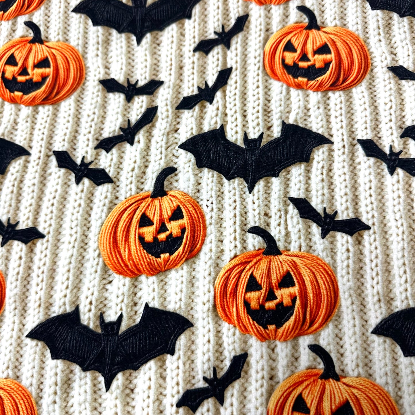Embroidered Pumpkins and Bats on Bamboo Stretch French Terry Fabric - Nature's Fabrics