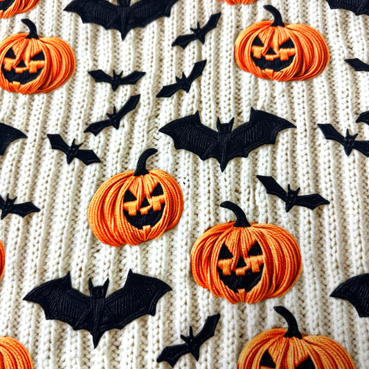 Embroidered Pumpkins and Bats on Bamboo Stretch French Terry Fabric - Nature's Fabrics
