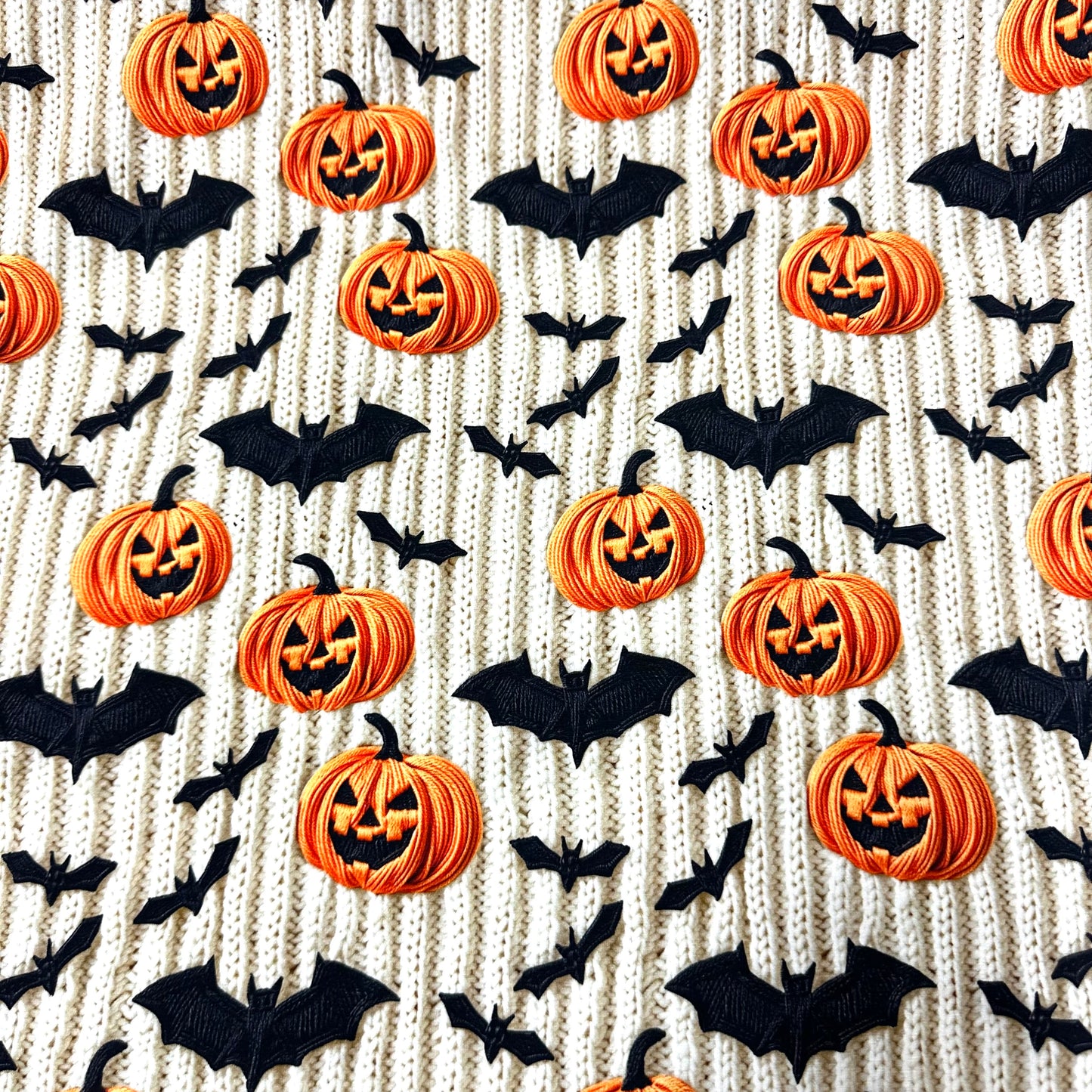 Embroidered Pumpkins and Bats on Bamboo Stretch French Terry Fabric - Nature's Fabrics