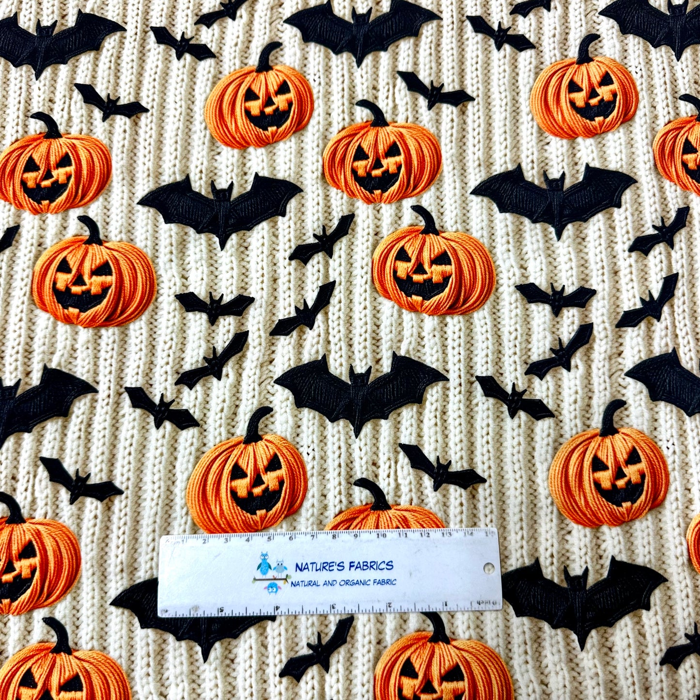Embroidered Pumpkins and Bats on Bamboo Stretch French Terry Fabric - Nature's Fabrics