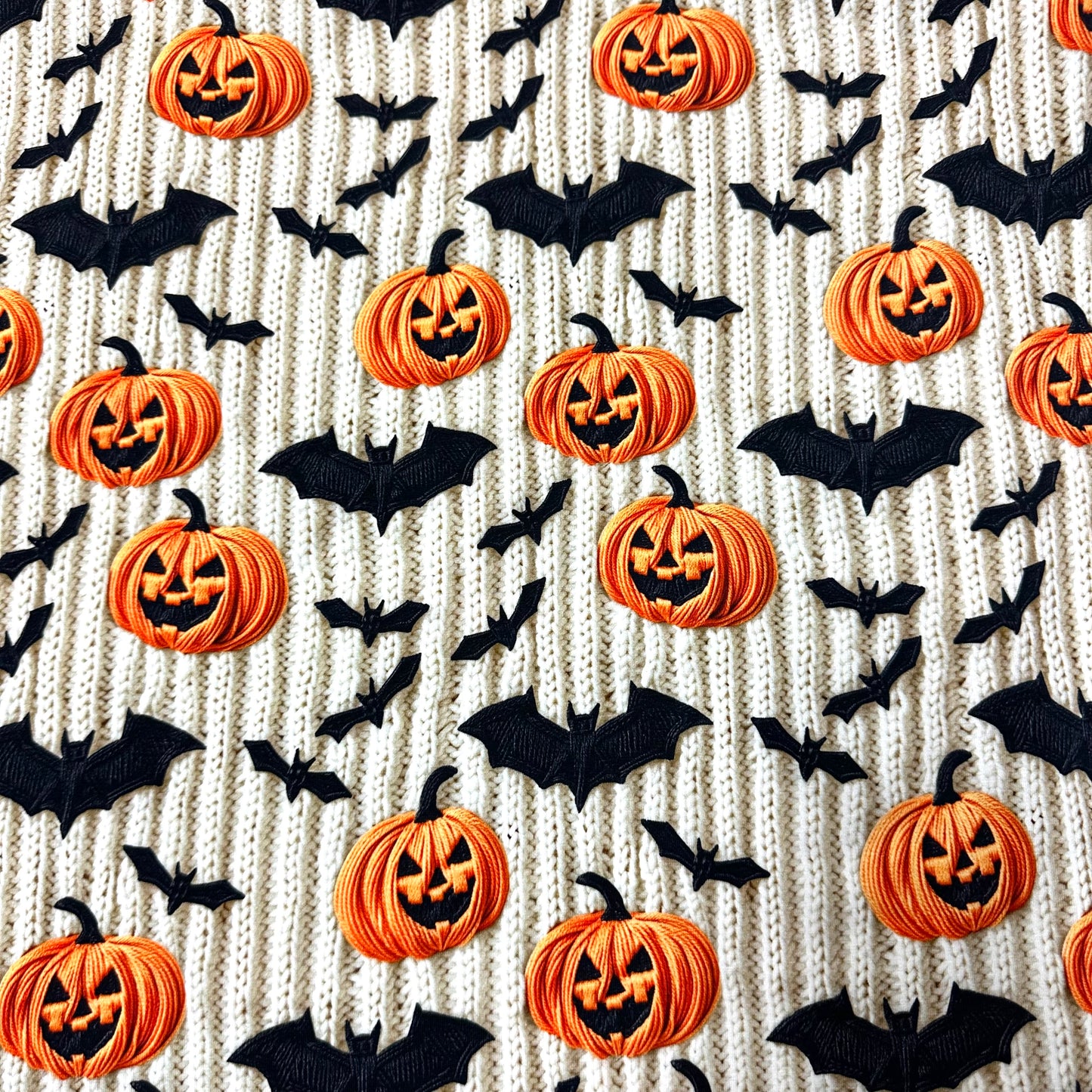 Embroidered Pumpkins and Bats on Bamboo Stretch French Terry Fabric - Nature's Fabrics