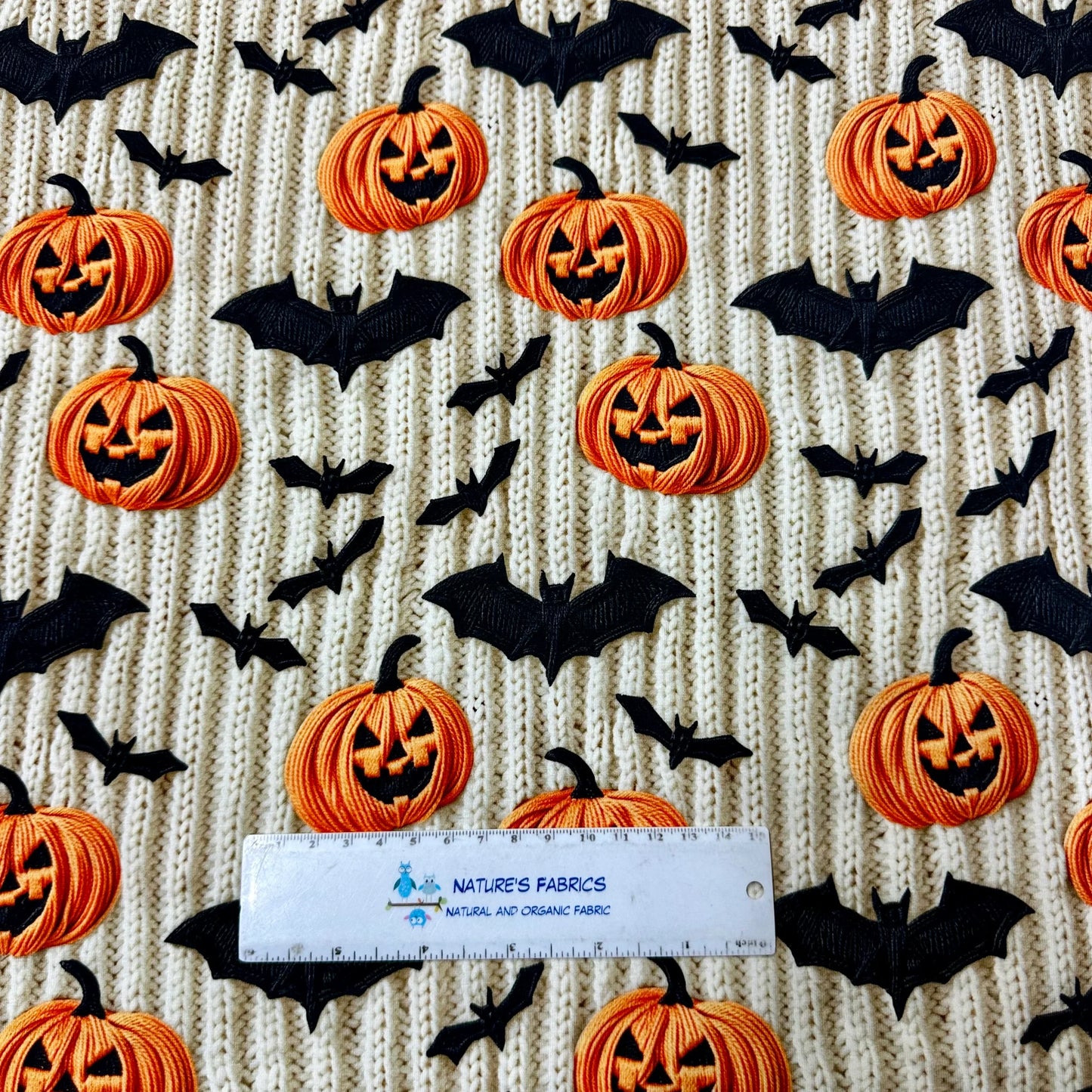 Embroidered Pumpkins and Bats on Organic Cotton/Spandex Jersey Fabric - Nature's Fabrics