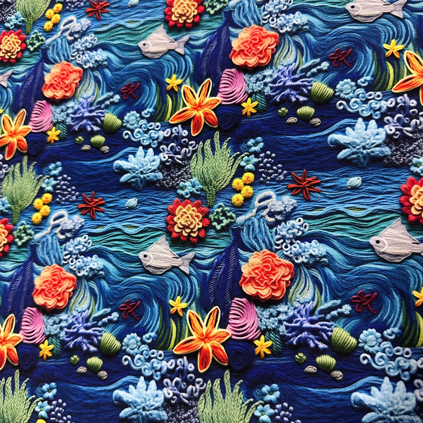 Embroidered Sea Life on Bamboo/Spandex Jersey Fabric - Nature's Fabrics