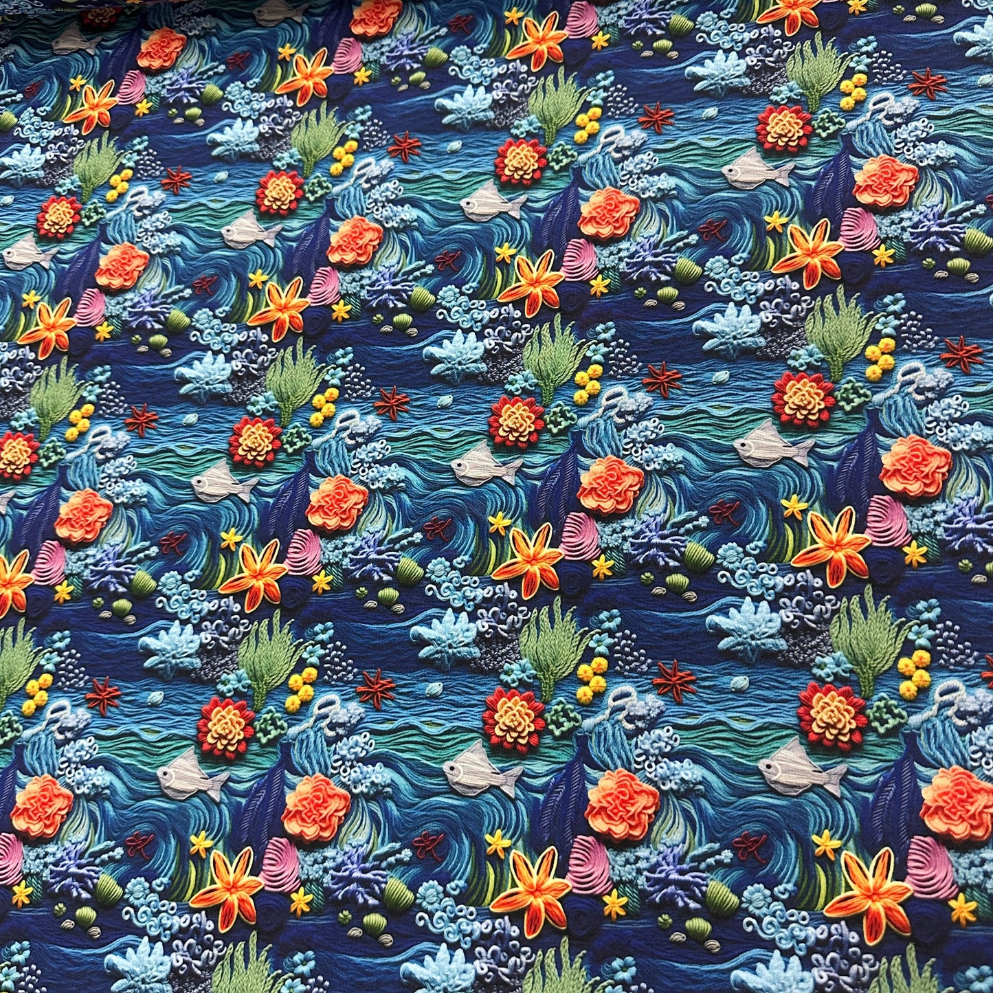 Embroidered Sea Life on Bamboo/Spandex Jersey Fabric - Nature's Fabrics