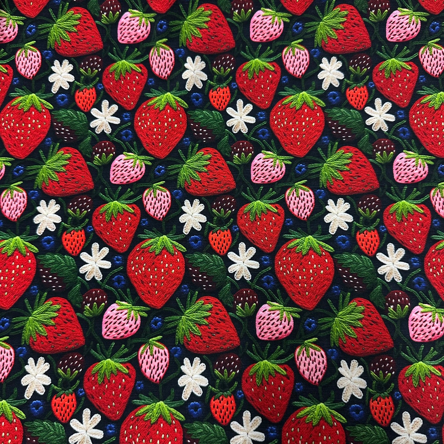 Embroidered Strawberries on Bamboo/Spandex Jersey Fabric - Nature's Fabrics
