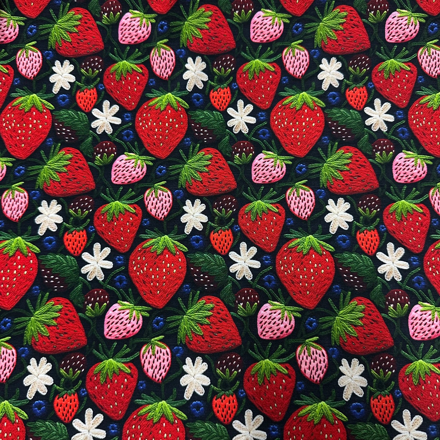 Embroidered Strawberries on Bamboo/Spandex Jersey Fabric - Nature's Fabrics